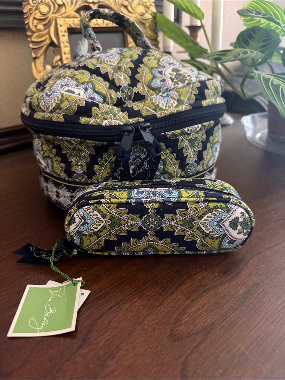 Vera Bradley Black and Olive Paisley Quilted Cosmetic Train Case & Pouch